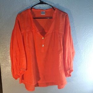 Oversized Coral 100% Linen Pure Match Pullover with 3/4 balloon Sleeve Lagenlook